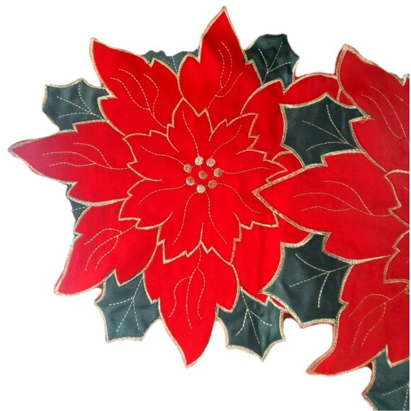 Unbranded Poinsettia & Holly 31" Table Runner Holiday Christmas Red Green Gold - Picture 3 of 5